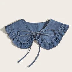 Women's Washed Denim Shawl Collar with Pleated Lace and Fashionable Fake Collar