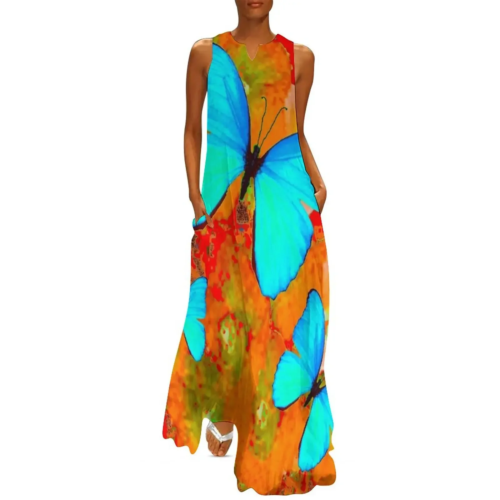 

NEON BLUE BUTTERFLIES RED FLORAL ABSTRACT ART Long Dress Woman clothing long sleeve dress summer dress woman 2025 trendy