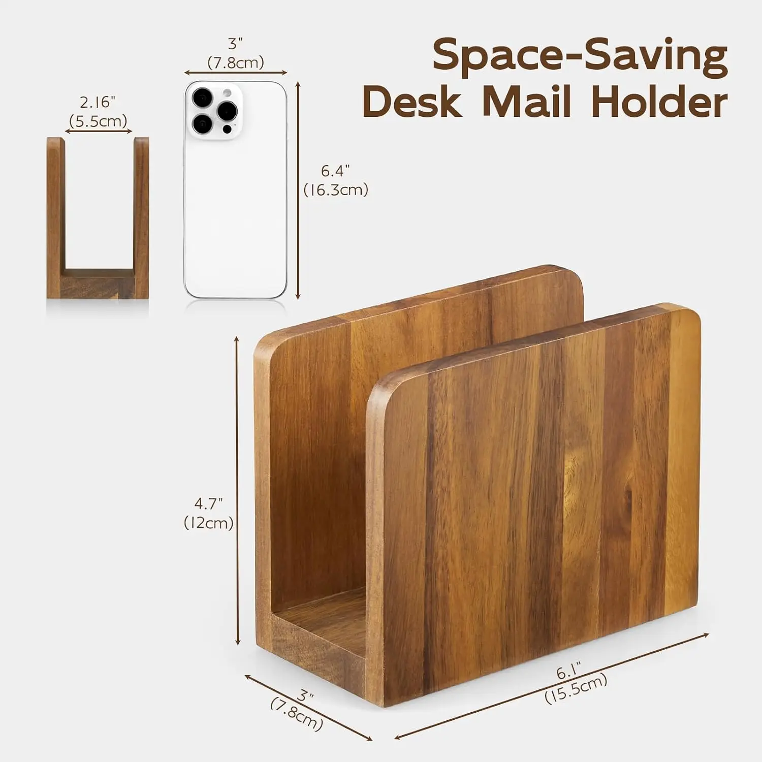Acacia Wood Mail Organizer for Desk, Letter Holder for Countertop, Small Envelope Holder, Home Office Desk Accessories view 2