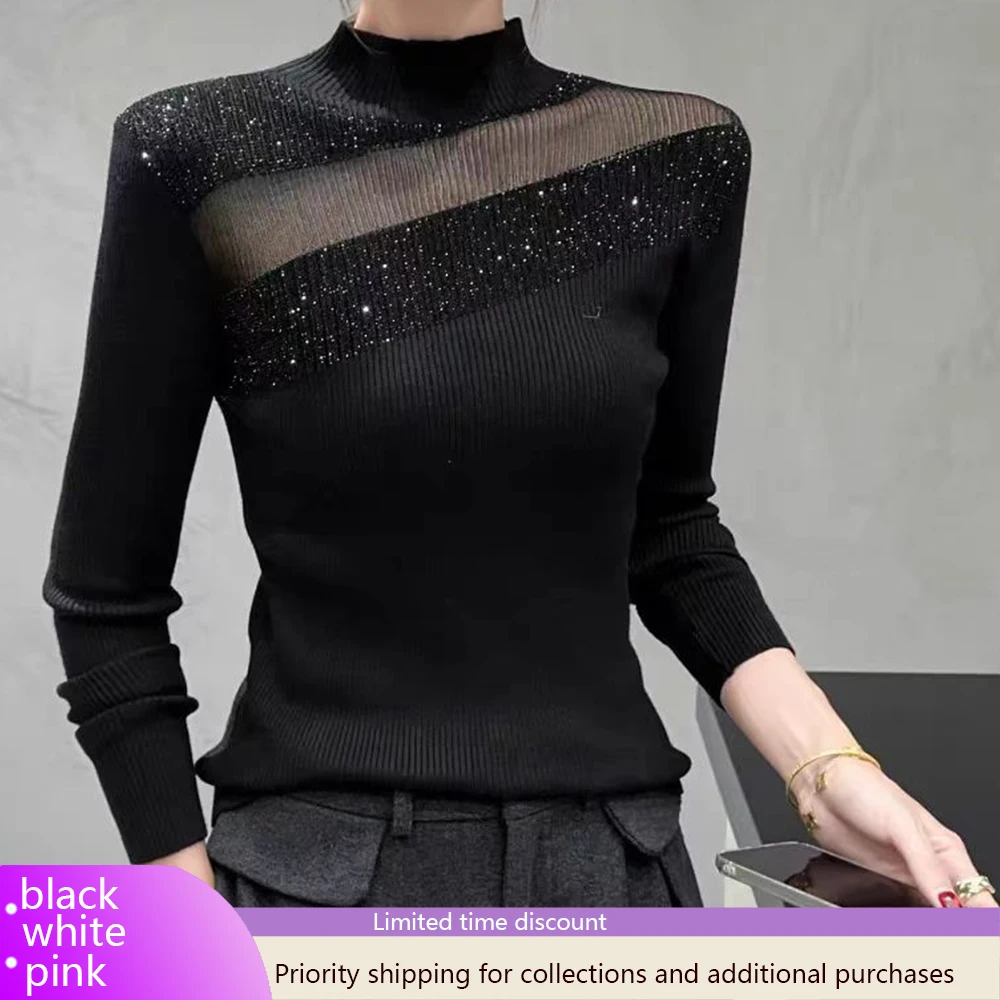 

Женские джемперы с высоким воротником, одежда, пуловеры со стразами, осень-зима 202, новые женские элегантные свитера черного цвета с курткой