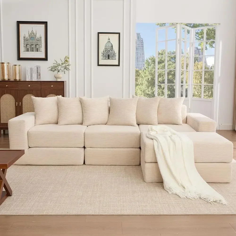 L-Shaped Sofa Bed with Reversible Chaise, Corduroy Fabric, 6-Pillow Convertible Couch Bed with Storage for Living Room, Beige