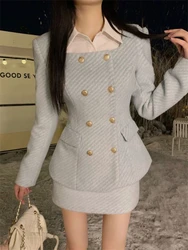 Winter French Fashion Y2k Style 2 Piece Set Aesthetic Striple Tops + Short Slim Skirt New Casual Women Party Suit Autumn 2024