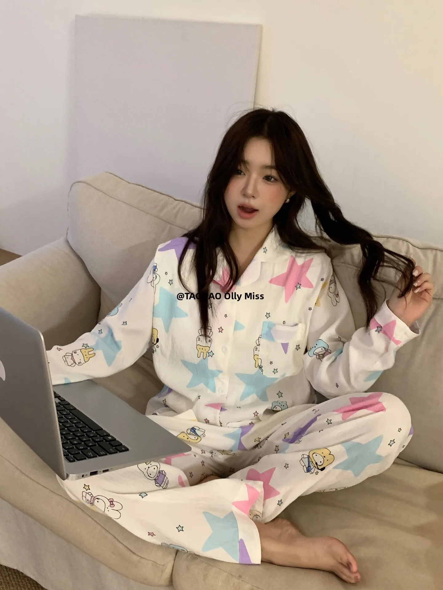 

Cartoon Rabbit Long Sleeve Sleepwear Women's Loose Home Clothes Set with Chest Pad Spring Autumn New Style Soft Cloud Cotton