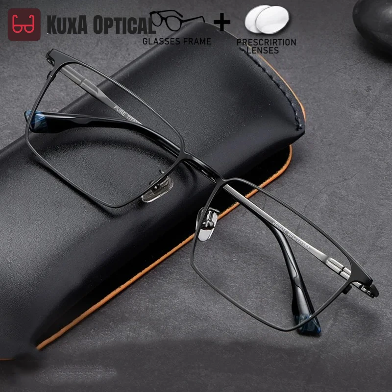 

KUXA Ultralight 9g Men Pure Titanium Office Work Computer Prescription Glasses Myopia Hyperopia Lenses Eyewear Spring Design
