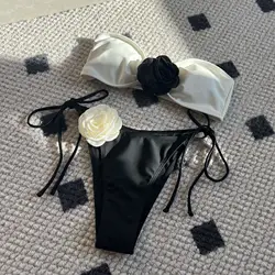 Bikini de color rosa para mujer, traje de baño con cordones y correa con cordón, dividido