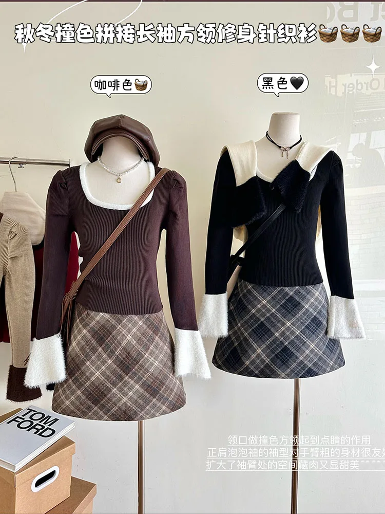 High Quality Casual Outfits 2 Piece Skirt Set Square Collar Tops + Plaid A-Line Skirt Office Lady Autumn Winter Japanese Fashion