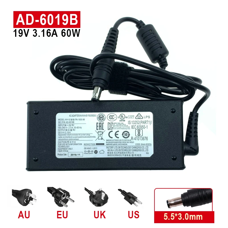 

19V 3.16A 60W 5.5x3.0mm PA-1600-96 AD-6019B ADP-60ZH D AC Adapter For Samsung R429 R430 R428 R528 Laptop Power Supply Charger