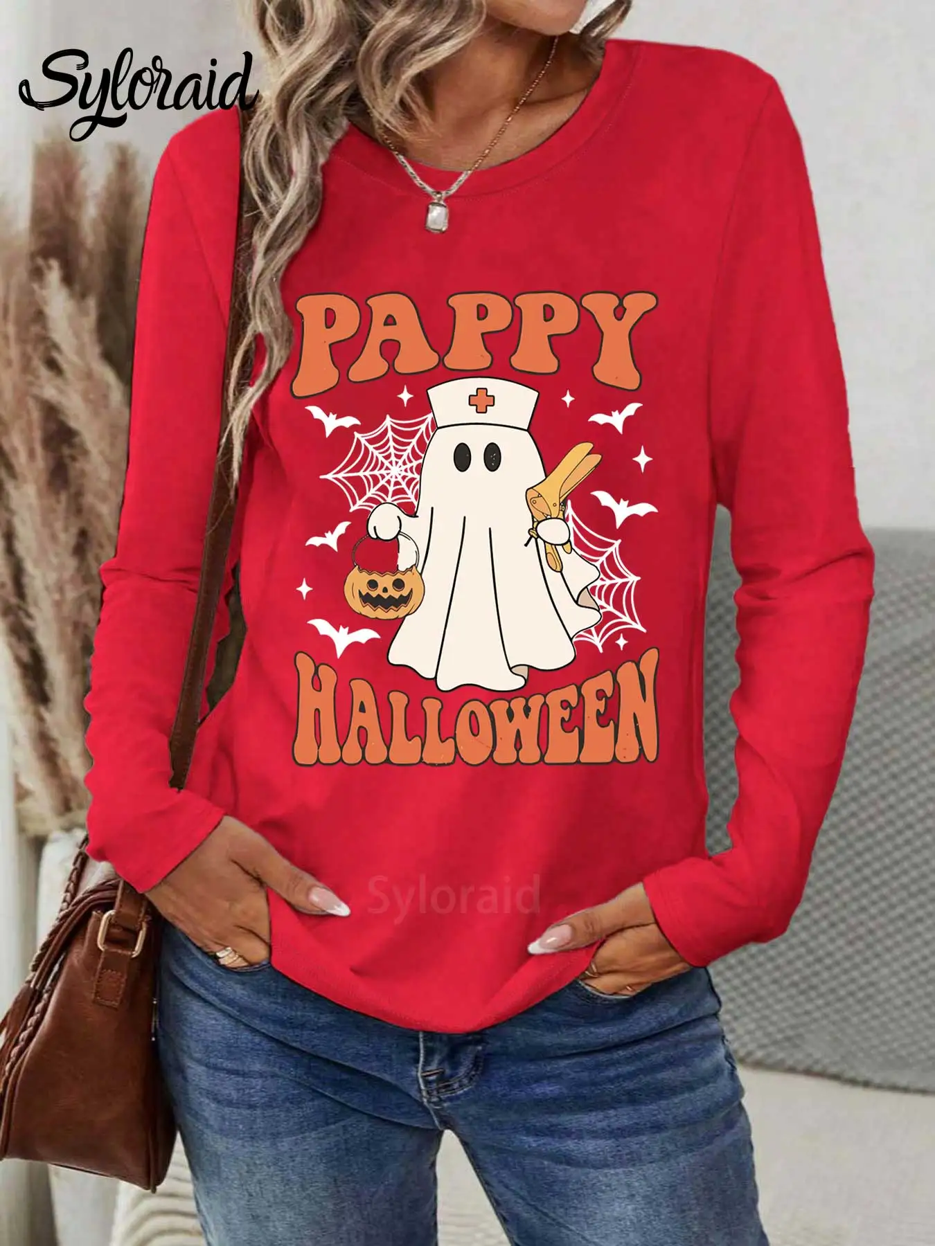 المرأة طويلة الأكمام تي شيرت OBGYN ممرضة شبح تي شيرت هالوين شبح مع منظار قميص موضة الجولة الرقبة رداء علوي غير رسمي #3