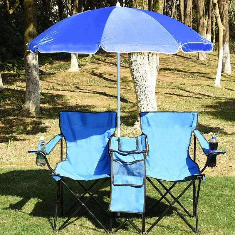 

Beach Chair Foldable Portable Picnic Camping Double Chair +Umbrella Table Fishing Backpack Cooler Chairs With Sunshade