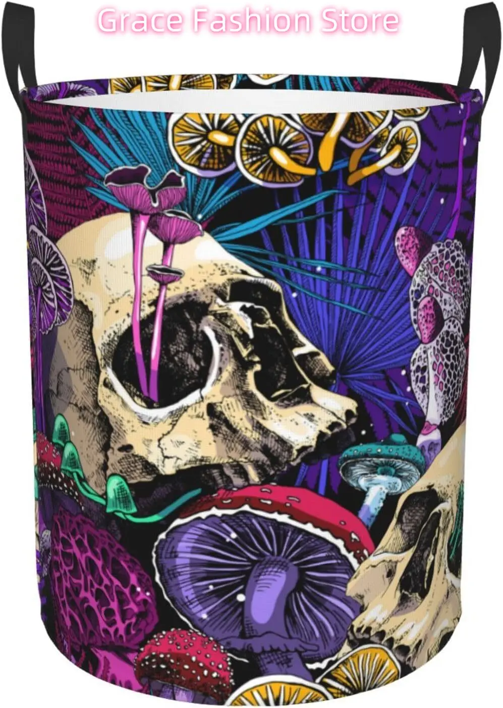 

Laundry Basket Bright Magic Mushrooms and Skulls Oxford Cloth Collapsible Laundry Hamper Storage Basket with Handle for Kitchen