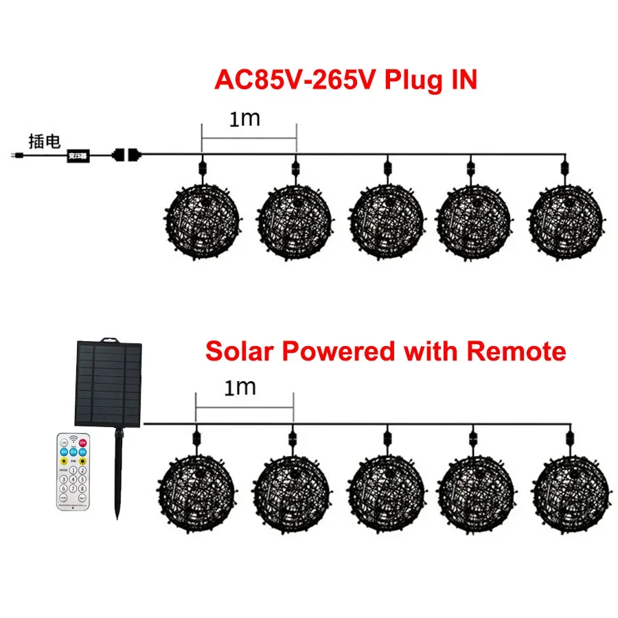 Рождественская гирлянда 5 в 1 с круглыми солнечными лампочками, уличная гирлянда диаметром 20/30 см, Рождественская гирлянда с ротанговыми шариками, Подвесная лампа для фотографий