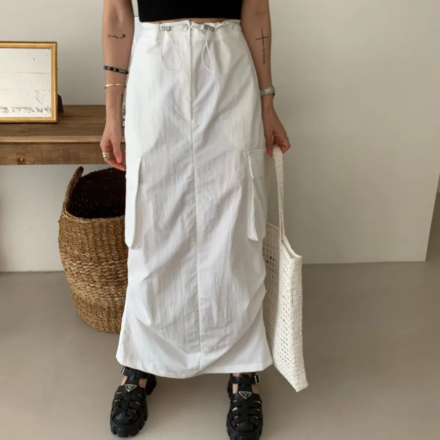 Summer Thin Retro Drawstring Waist Slimming Straight Long Skirt Women's High Waist Pocket Design Korean Style Commute Dress