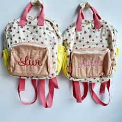 Mochila infantil de algodão lona morango, mochilas de escola primária do bebê bonito, nome personalizado, colorido, novo