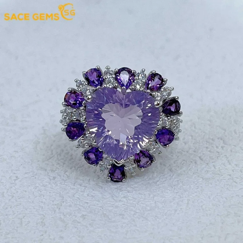 

SACE GEMS Fashion Resizable 13MM Natual Amethyst Rings for Women 925Sterling Silver Wedding Party Fine Jewelry Festival Gift