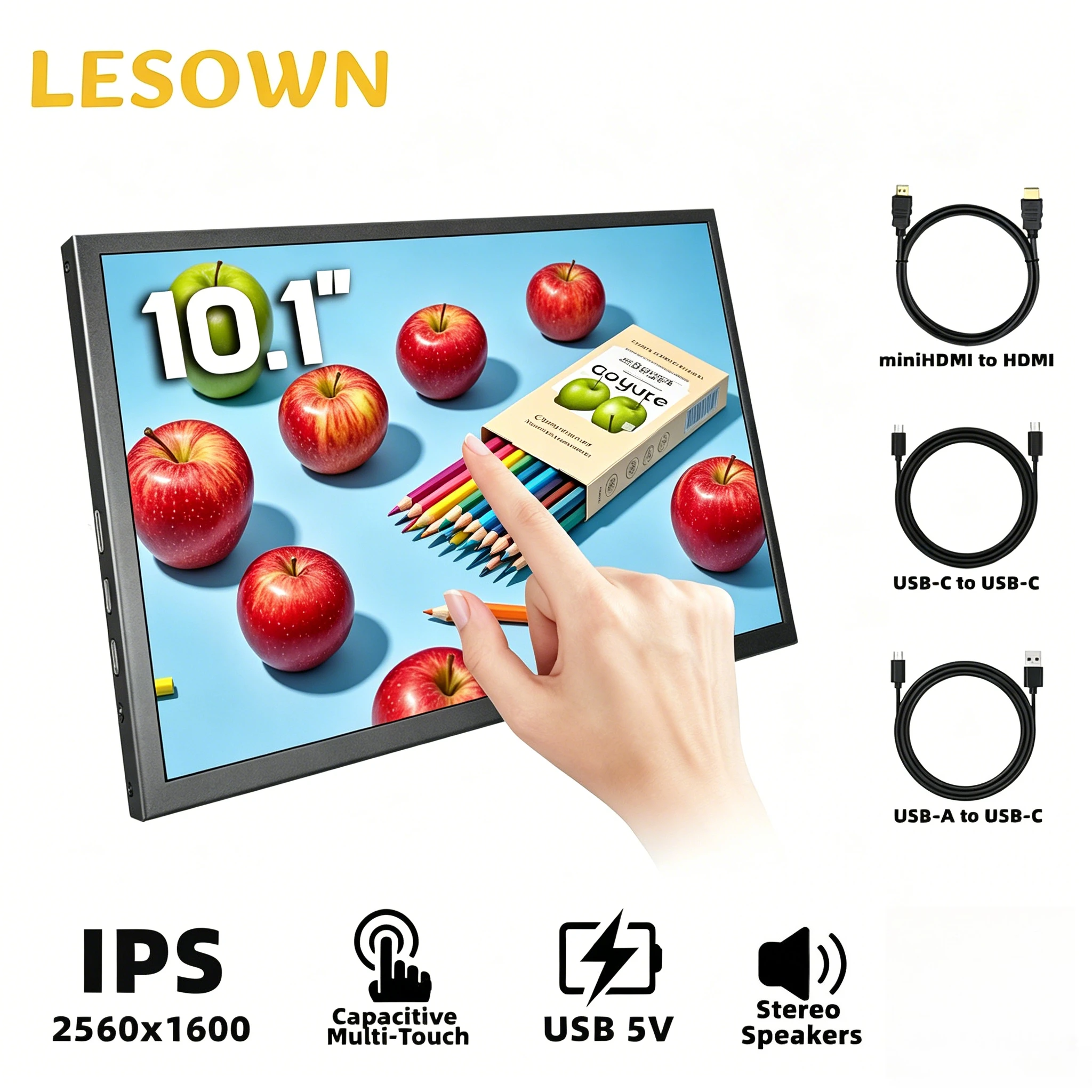 ESOWN 10.1" White Touch IPS Monitor 1920x1200 External PC Hardware Monitor Type-C Mini HDMI for Custom PC Case Building