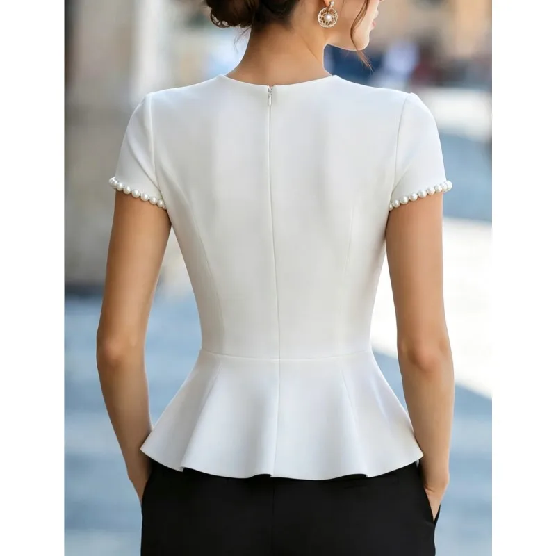 Elegant Evening Women Blouses Round Neck Short Sleeves Pearls A Line Party Gown Shirt Office Work Shirt Top Blusas Mujer De Moda