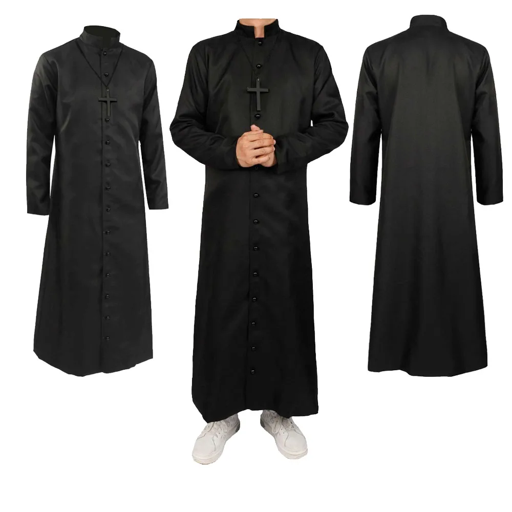 Adult Priest Cosplay Robe Jacket Costume Cross Necklace Outfits Halloween Carnival Suit Party Stage Costumes