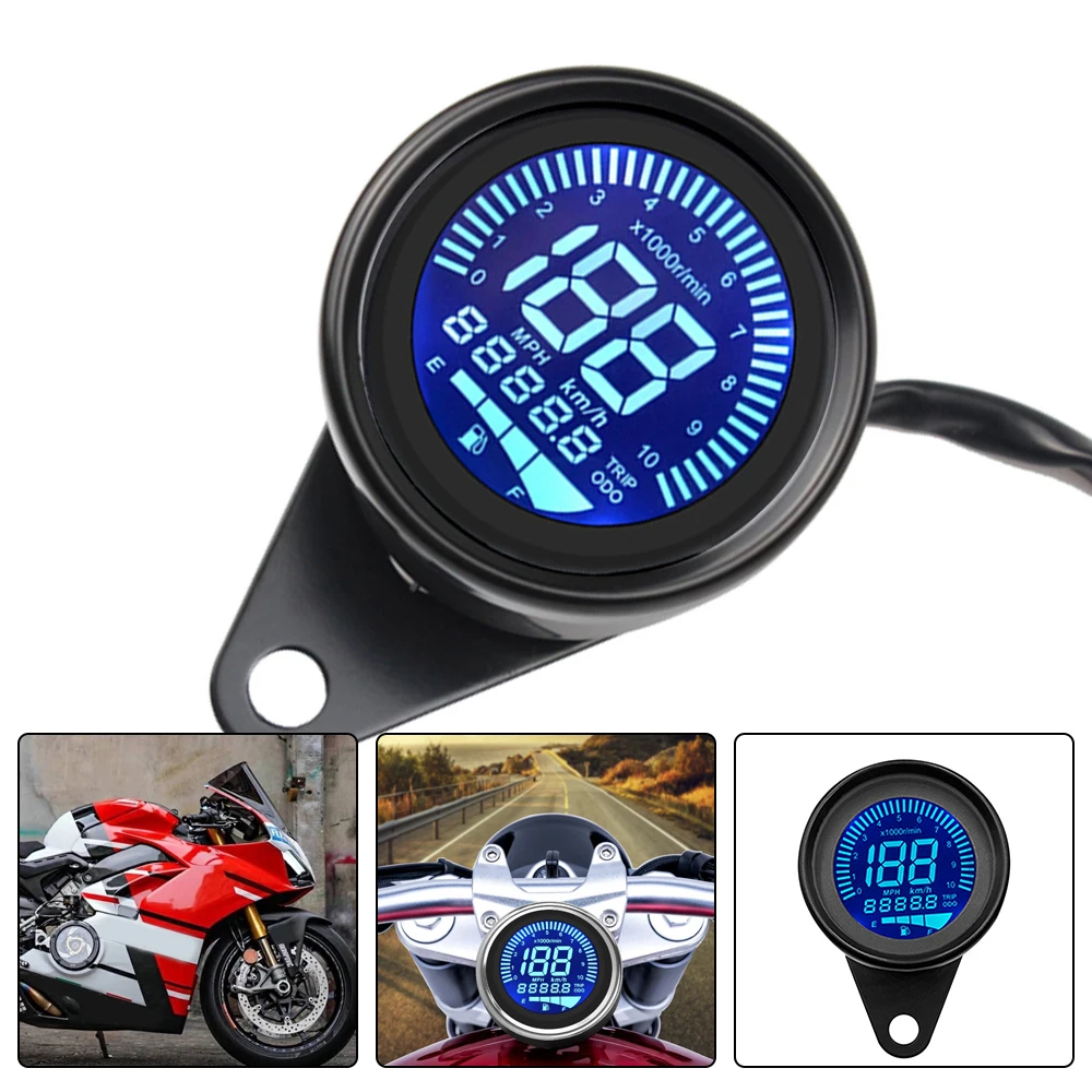 12V Universal Digital Motorcycle Speedometer Odometer Tachometer Gauge Waterproof Fuel Meter LED Indicator with Backlight