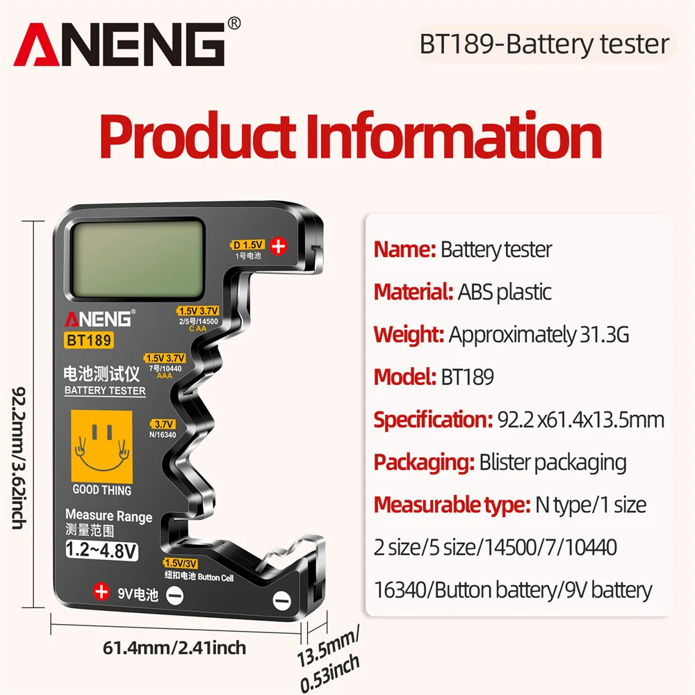 ANENG BT189 Battery 9V N D C AA AAA Battery Tester Power Bank Detectors Tools Tester Universal Household LCD Display