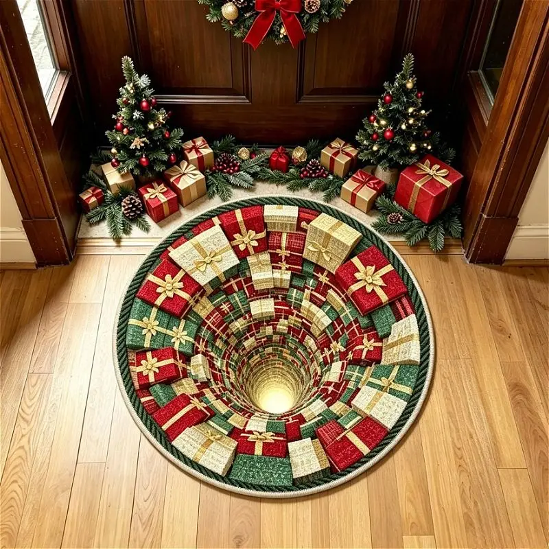 VIKAMA Santa Claus Round Rug 3D Vortex Tunnel Gift Sack Non Slip Soft Washable Mat for Living Room Bedroom Holiday Home Decor