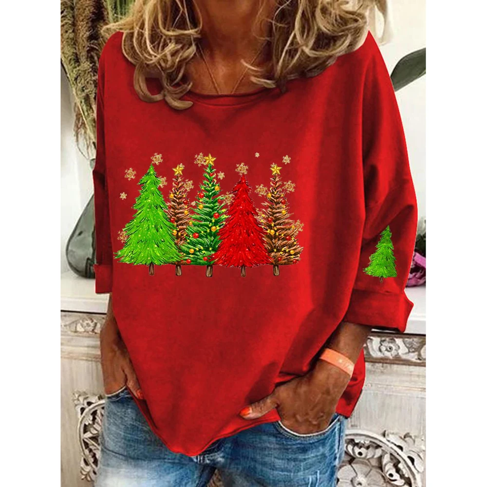 Women\'s Christmas Trees Print Causal T-Shirt O-Neck Cotton Tops Autumn Ladies Pullover Harajuku Long Sleeve Female Loose Clothes