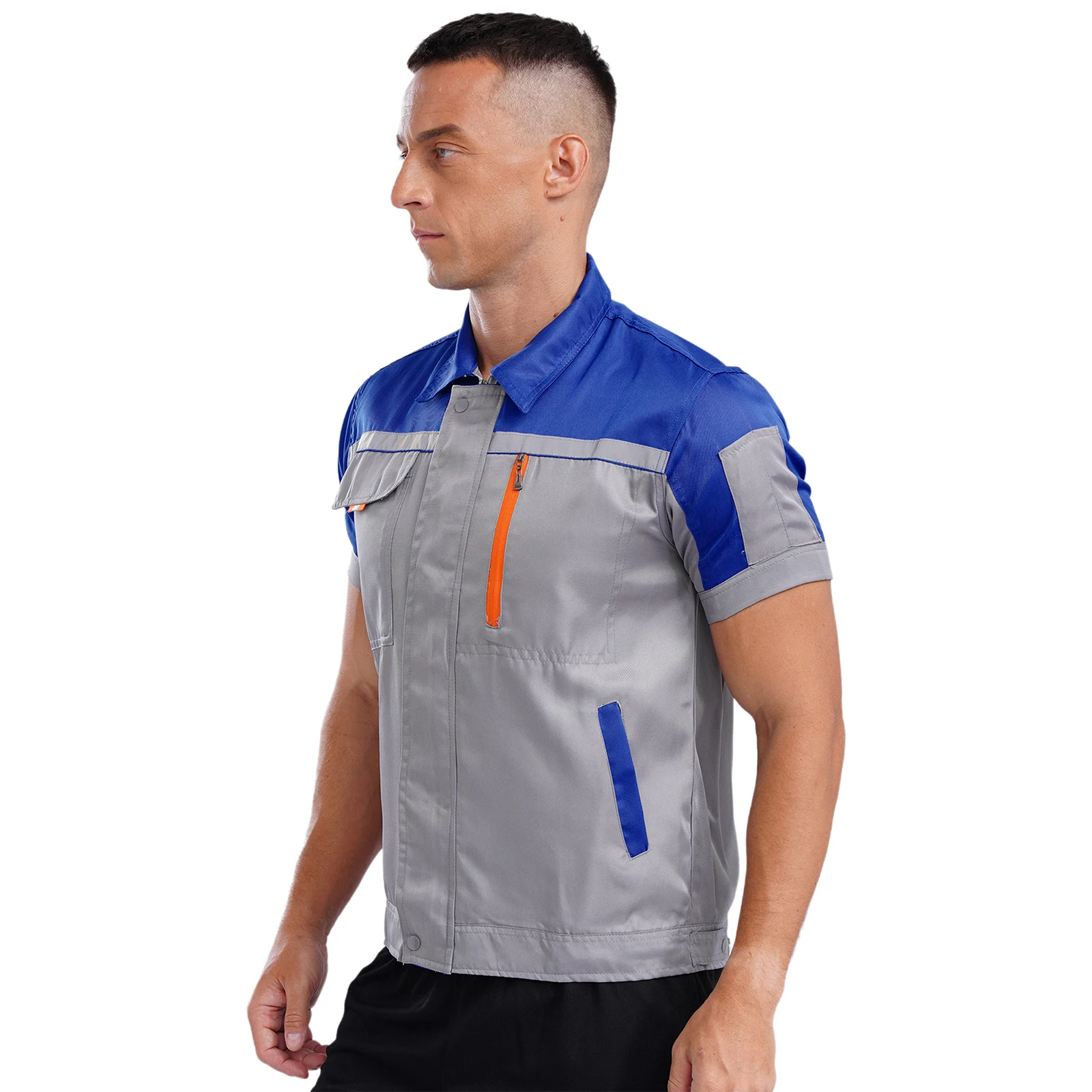 Mens Contrast Color Short Sleeve Work Shirt High Visibility Reflective Stripes Zipper Jacket Mechanic Factory Workshop Uniform