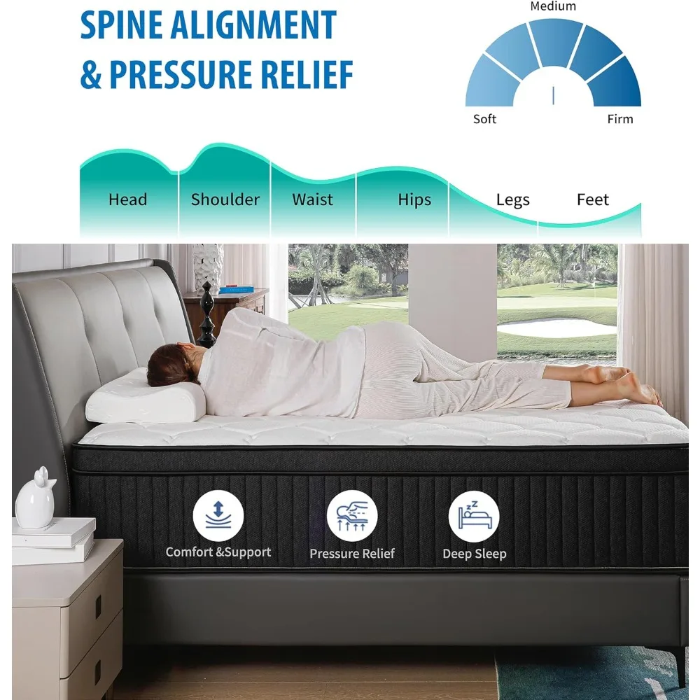 مرتبة هجينة من إسفنج الذاكرة بحجم كوين مقاس 12 بوصة - أسود، محاصر للدعم وجودة نوم محسنة