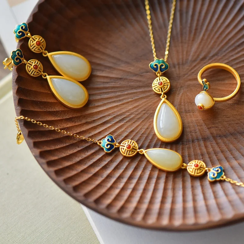 

S925 Inlaid Hetian Jade Enamel Drop Plain Silver Women'S Four-Piece Set