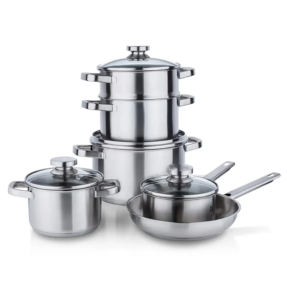 Nonstick Coating Cookware Sets Double Ear Induction Bottom Stainless Steel Pot Set Soup Pot With Steamer Basket Ss Lid