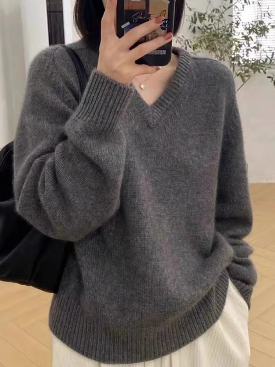 

Cashmere sweater women's V-neck loose lazy wind thickened sweater sweater age 100% pure cashmere