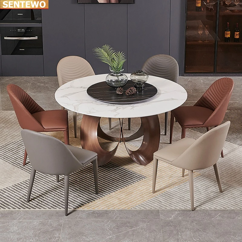 Designer Luxury round Marble Rock Slab dining table set 4 6 chairs mesa de jantar de comedor furniture Stainless steel gold base