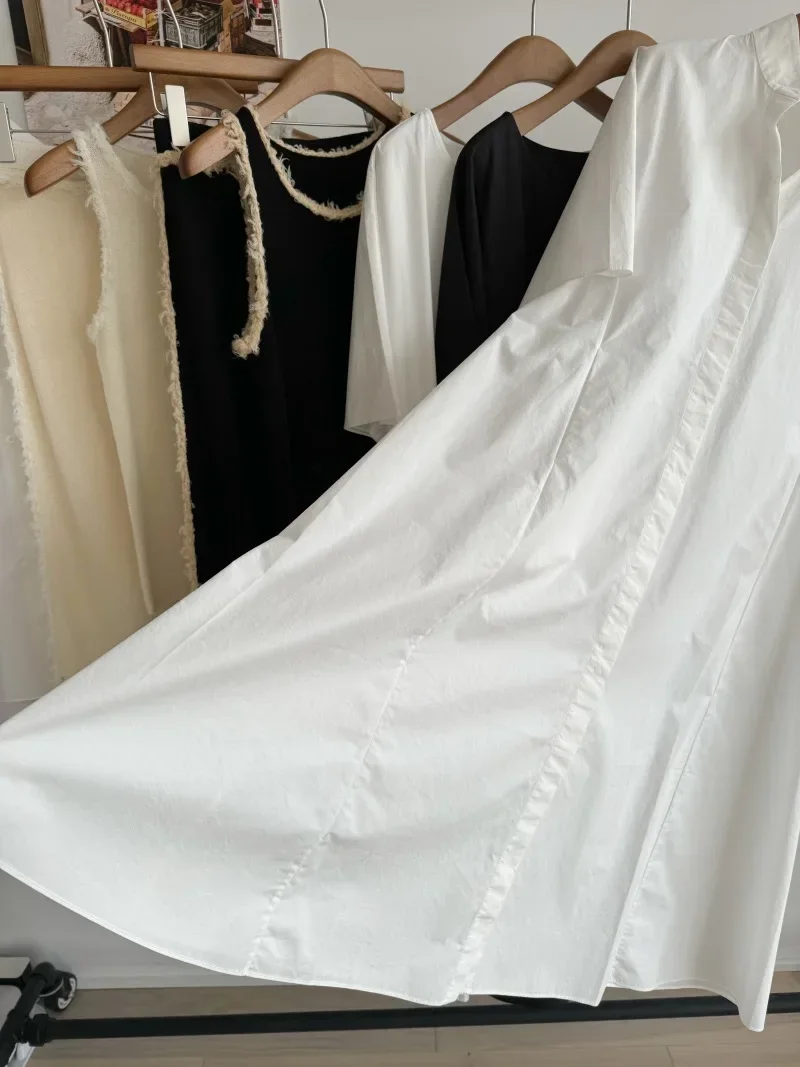 Vestido de popelina de algodón blanco importado, vestido camisero de manga media con cuello levantado para mujer