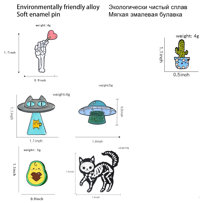 Alfileres de solapa esmaltados de gato, broches bonitos de aguacate extraterrestre, insignias, alfileres de moda, regalos para amigos, alfileres, venta al por mayor, joyería QIHE, esqueleto