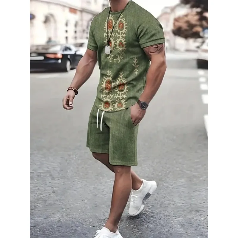 2025 New 3D Texture Men's Short Sleeves and Shorts Casual Summer Sportswear Flat Size Clothing Printed Suits