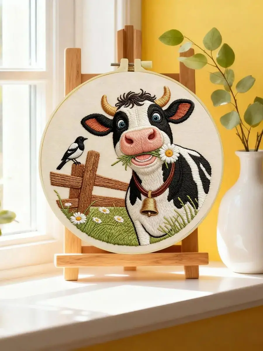 1 Stück 20X20CM/15X15CM 7,87/6,3 Zoll Tier - Kuh Stickerei Starter-Kit DIY-Kit DIY-Stickerei-Set Handarbeiten Nähkunst – Detail 6