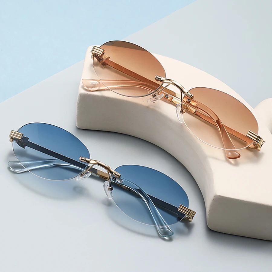 Rimless Gradient Sunglasses for Women Metal Gold Decor Temple UV400 Cutting Lens Fashion Outdoor Travel Shades Eyewear