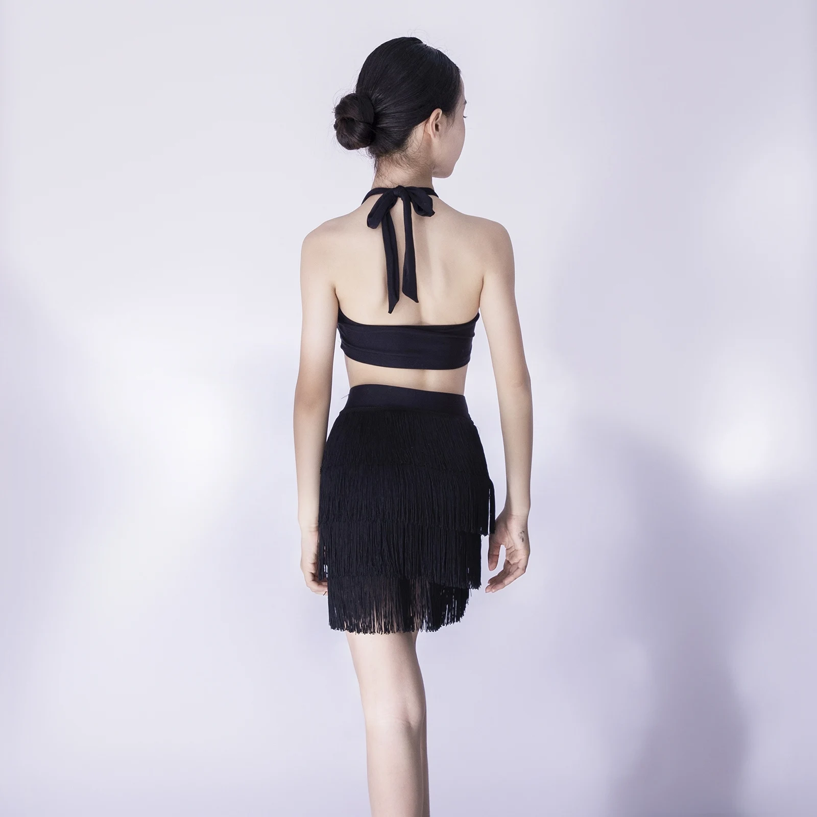 Meninas trajes de desempenho de dança latina pendurado pescoço topos borlas saias chacha samba prática roupas competição wear dql10813