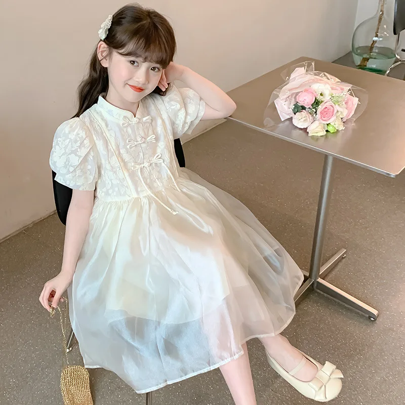 

Юбки для девочек, новинка весны 2024, детская одежда, платье ханьфу, Новая китайская газовая юбка в китайском стиле для маленьких девочек, повседневная простая юбка