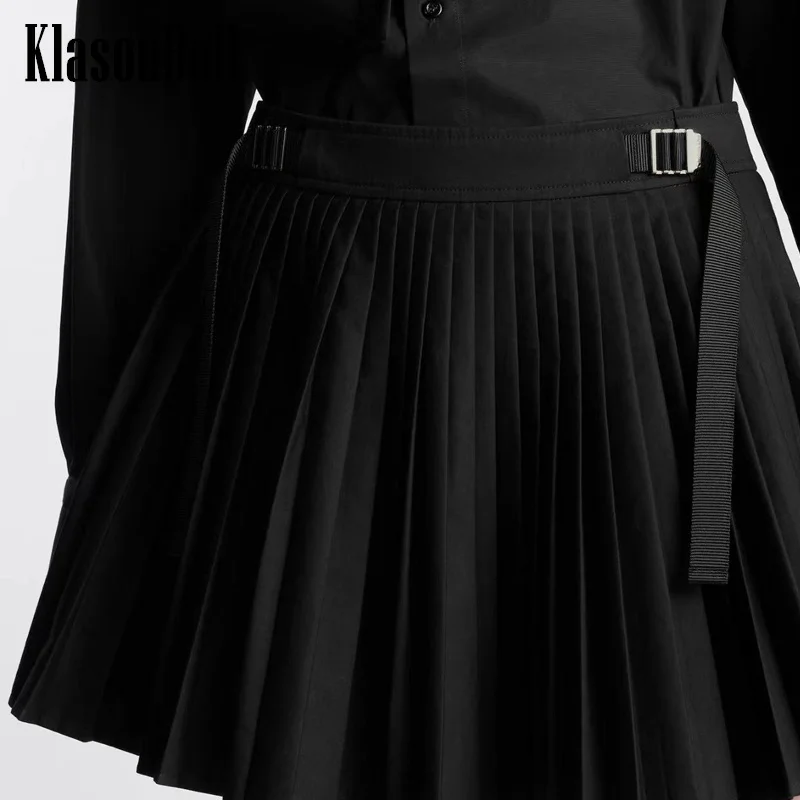 

8.29 KlasonBell Women's Fashion Metal Buckle Sashes Collect Waist Pleated Skirt Black All-matches Back Zipper Mini Skirt