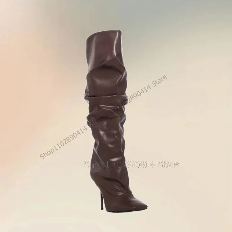 

Brown Pleated Design Matte Leather Pointed Toe Boots Slip On Women Shoes Thin High Heels Fashion Party 2023 Zapatos Para Mujere