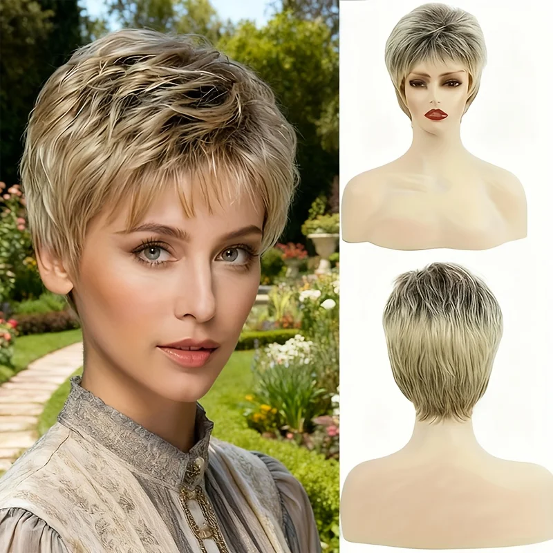 

Elegant, fluffy, fashionable silver-gray synthetic wig with bangs, top-of-the-head scalp medium-length hair wig, perfect summer