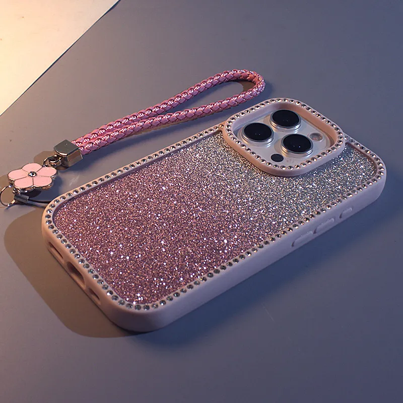 Double-sided Rhinestone Gradient Glitter Phone Case with Lanyard for iPhone 11 12 13 14 15 16 17 Pro Max Anti-fall Back Cover view 5