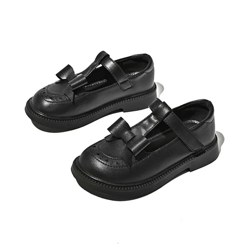 Student Shoes For Girls Princess Bow Tee With Non-slip Black Leather Shoes Children Microfiber School Shoes