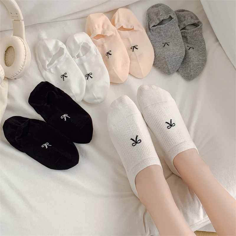 New Women\'s Sock Slippers Summer Thin Trendy Breathable Bow Sweet Invisible Socks For Girls Korean Style Mesh Soft No Show Socks