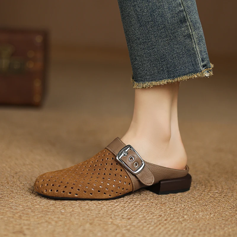 

Women's new summer genuine leather cow suede metal belt buckle, low heel toe opening, breathable Mueller shoes and slippers