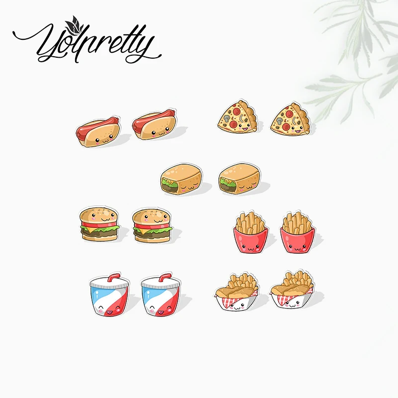 2021 New Cartoon Cartoon Junk Food Cute Fast Food Hamburg Fries Pizza Hotdog Handcraft Acrylic Epoxy Stud Earrings for Fans