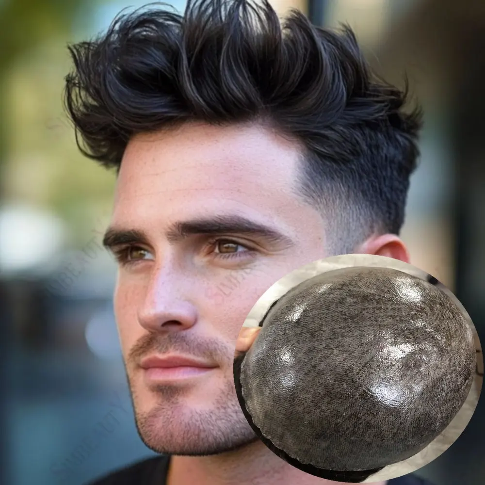 

130Density Injection Full Skin PU Undetectable Durable Men's Wig Brown Gray Black Human Hair Men's Toupee Capillary Prosthesis