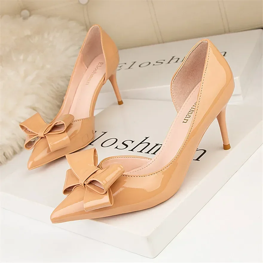 

Sweet Bowtie Shallow High Heels Shoes Women Autumn Pointed Toe Green Leather Pumps Sexy Hollow Ladies Dress Party Shoes