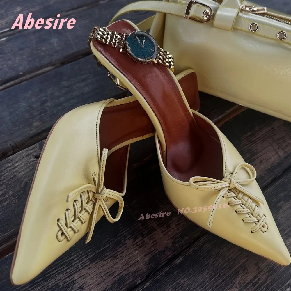 

Yellow Lace-Up Slippers Pointy Toe Stiletto Heels Mules for Women 2026 Summer Spring Party Wedding Shoes Elegant Solid Splicing