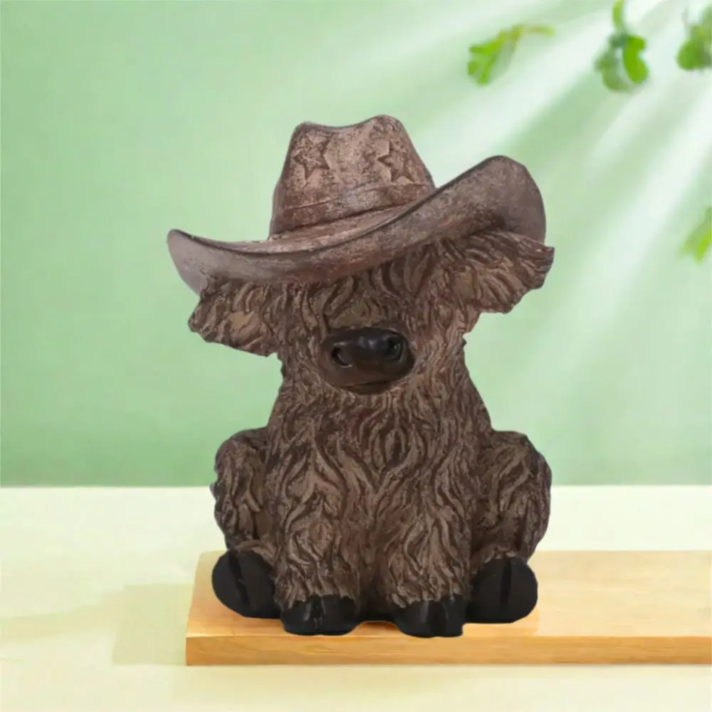 مع قبعة رعاة البقر المرتفعات البقرة تمثال ريفي واقعية المرتفعات الثور تمثال الراتنج الحرف الحيوان النحت لحديقة المزرعة #4